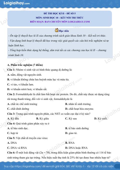 Đề thi học kì 2 Sinh 10 Kết nối tri thức - Đề số 5